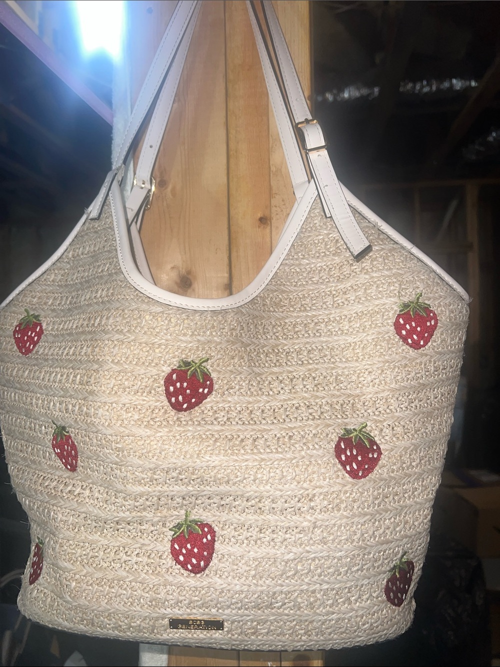 BCBGeneration Straw Tote with Red Strawberry Embroidery and Cream Trim